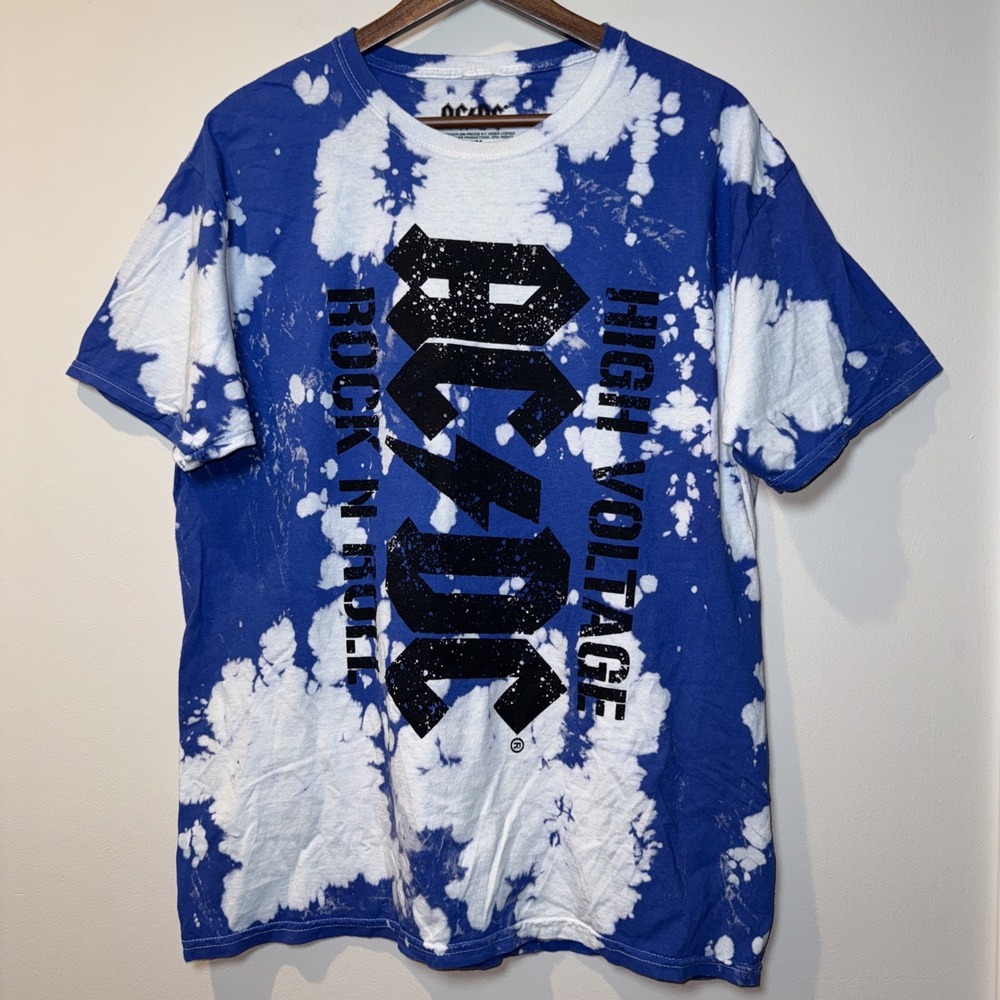 ACDC Unisex Blue White High Voltage Rock N Roll Tie Dye Graphic Tee T Shirt M‎